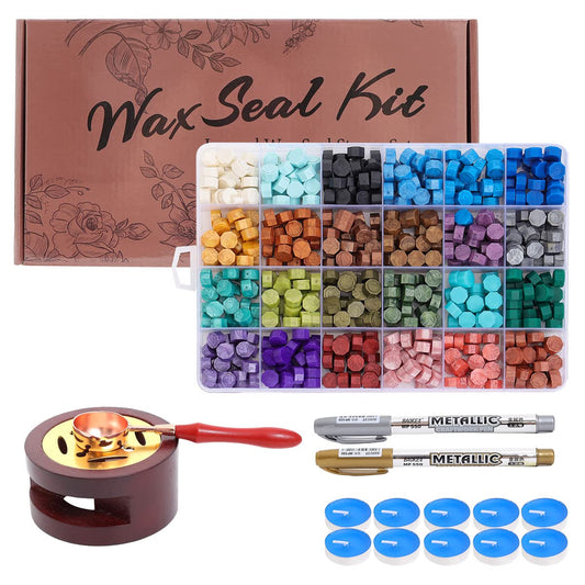 Wax Seal Kit - 624Pc Stamp Kit with 24 Colors, Spoon, 10 Tea Candles, Warmer, Pen