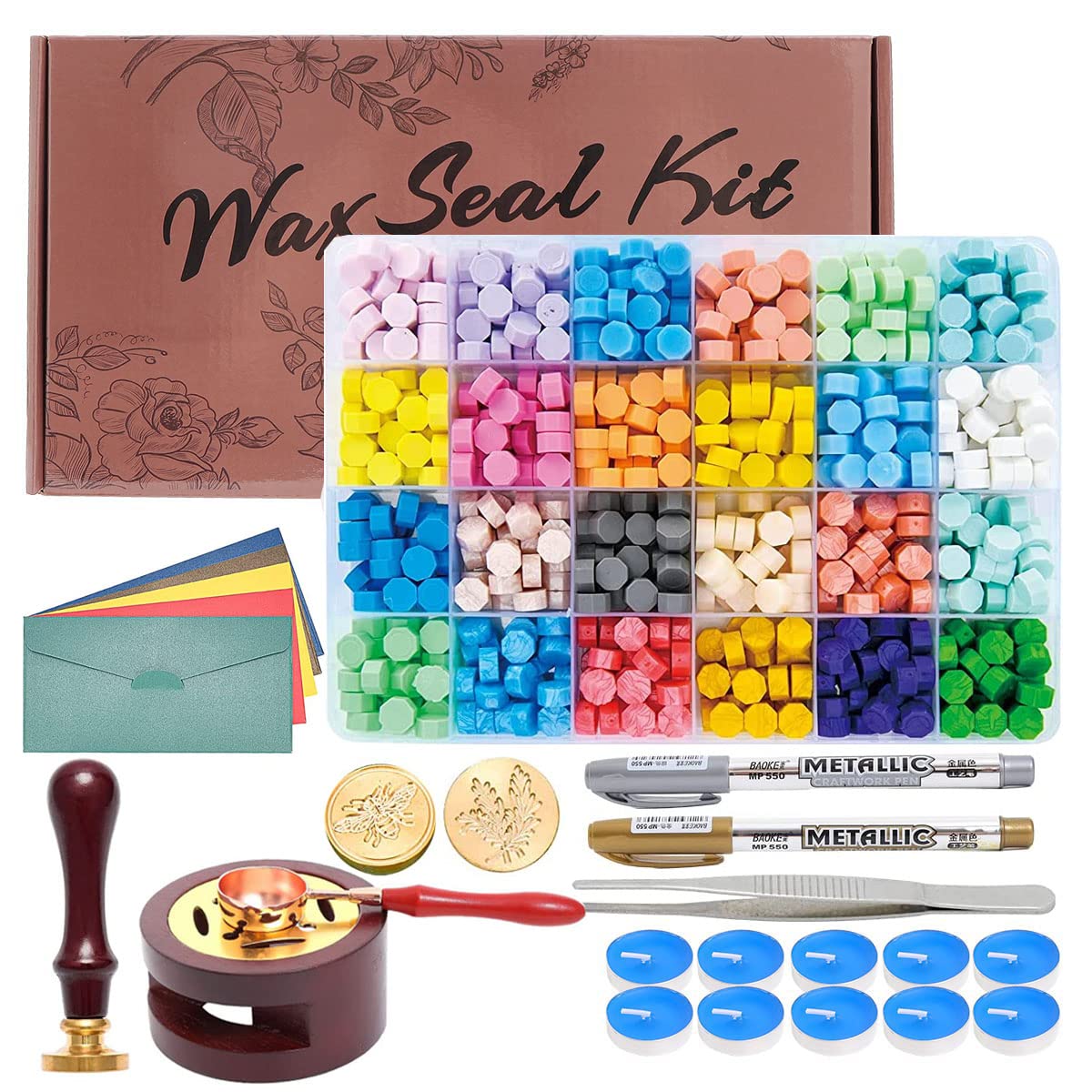 Wax Seal Kit - 624Pc Stamp Kit with 24 Colors, Spoon, 10 Tea Candles, Warmer, Pen