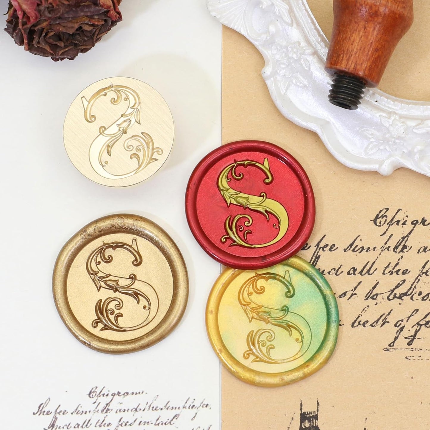 Letter Wax Seal Stamp Kit, SWANGSA 3D Floral Initial Alphabet S Sealing Stamp and 200pcs Sealing Wax Beads Kit for Wedding Invitations Cards Envelopes