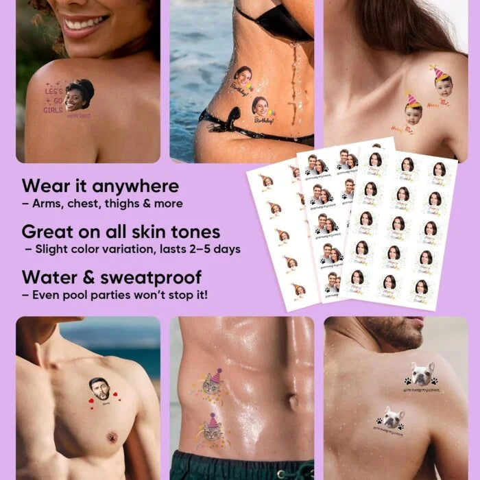 50pcs Custom Temporary Tattoos – Personalized Photo & Name Tattoos for Kids & Adults, Birthday & Party Favors